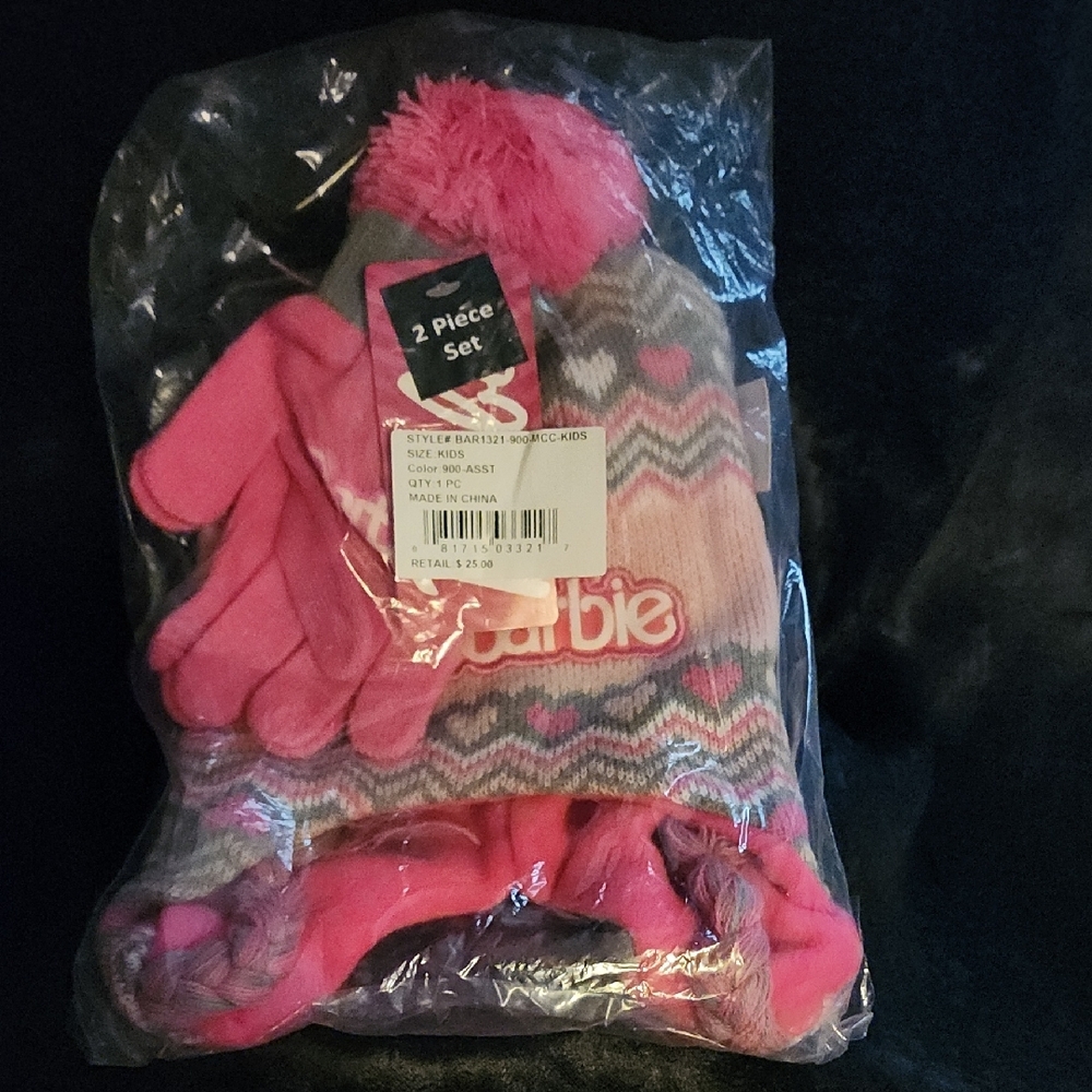 NEW and  Still In Package, Barbie Kids Pink Winter Hat and Gloves Set